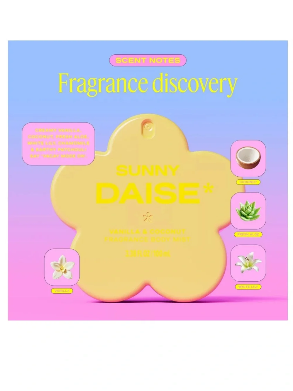 🐼 3/$25 NWT Sunny Daise Vanilla & Coconut Fragrance Body Mist Full Size